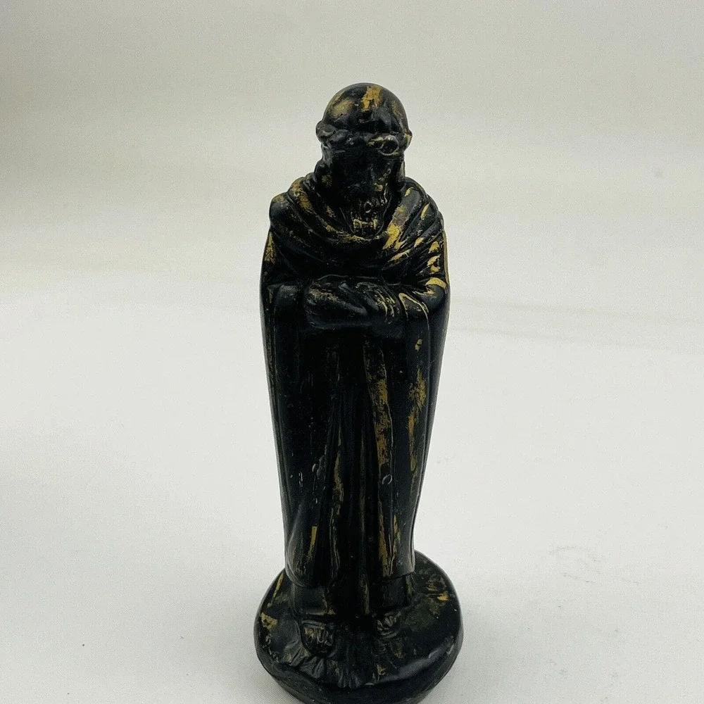 Vtg Three Wisemen Wax Figurines Black‎ with Gold Paint Christmas Nativity Kings